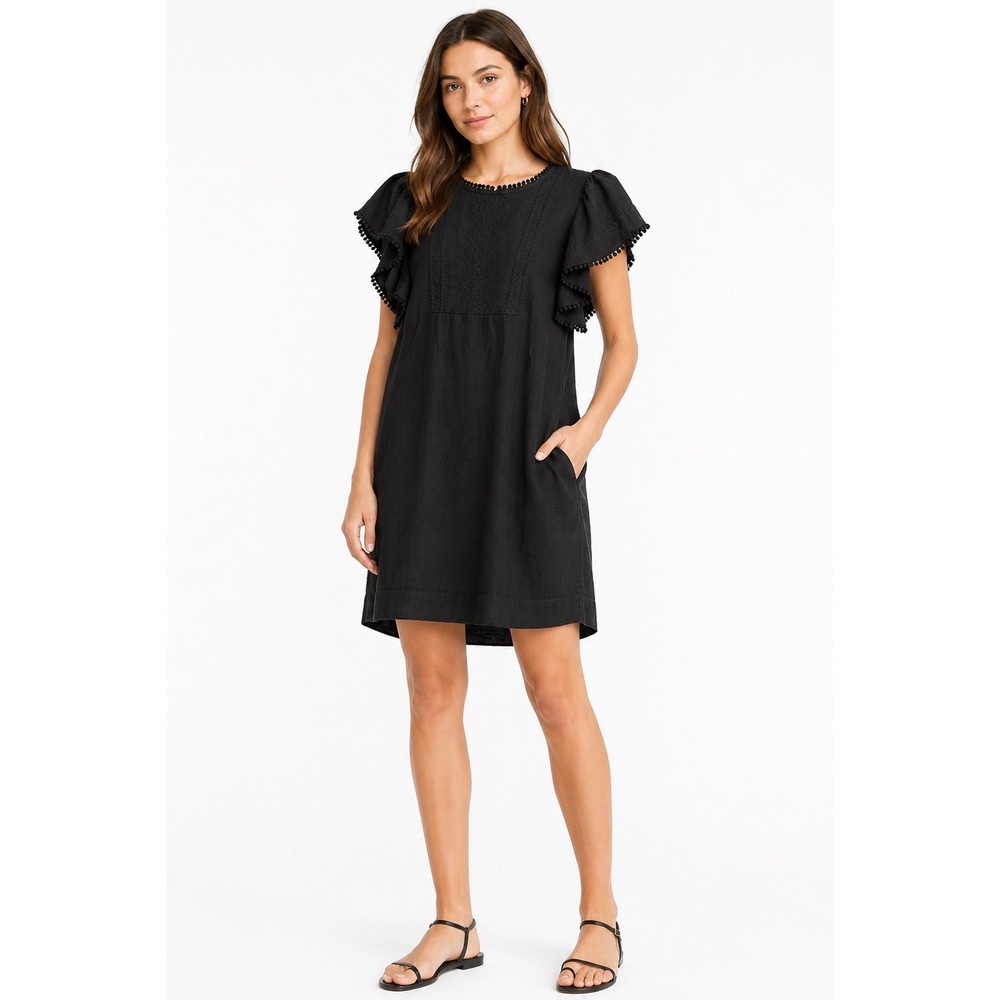 Ruti Black Lyocell Linen Embroidered Pom Pom Trim Flutter Sleeve Dress ML